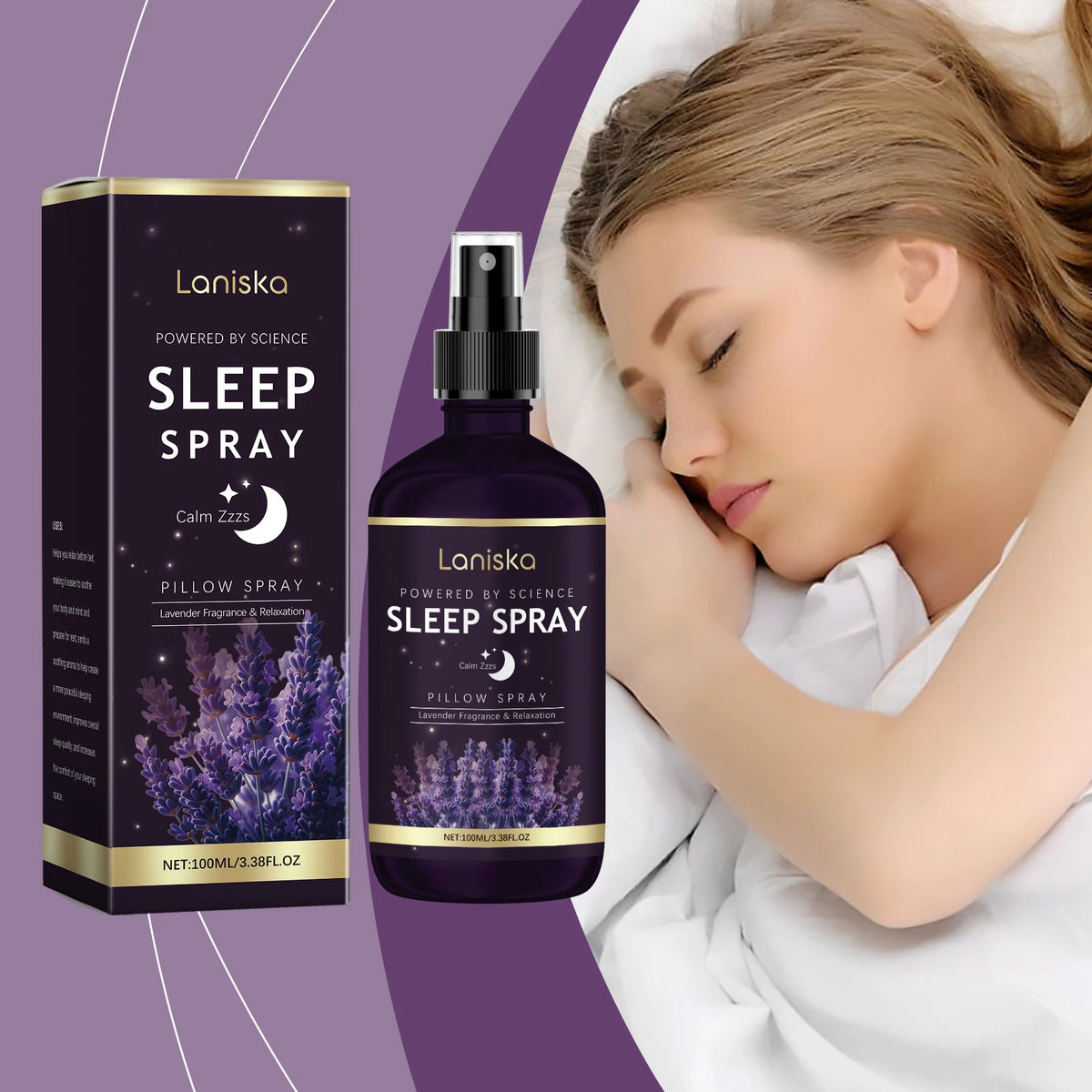 Lavender pillow mist next to a sleeping woman