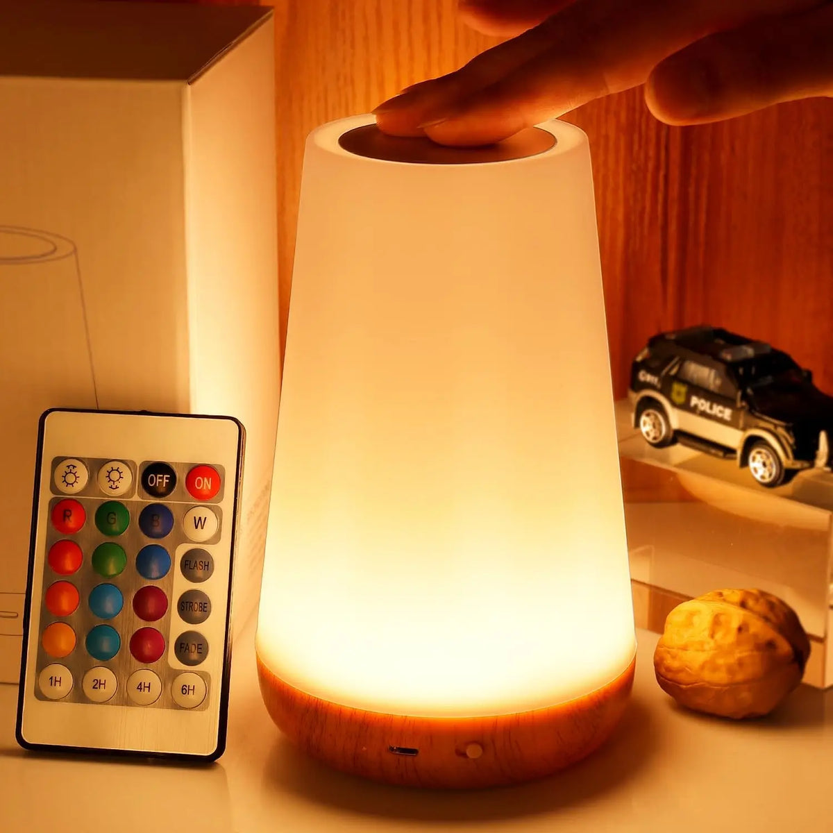 Rechargeable bedside lamp with warm glow and remote control